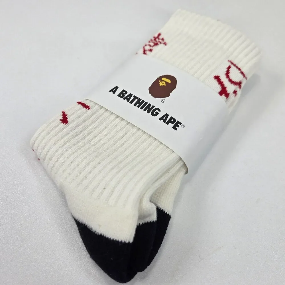 A Bathing Ape Bape Kanji Logo Crew Socks White Black Red Brand New